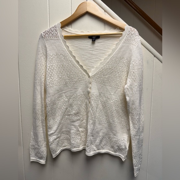 Frye Women's Ivory Pointelle Button Front Cardigan 100% Cotton Size Medium - Picture 2 of 5